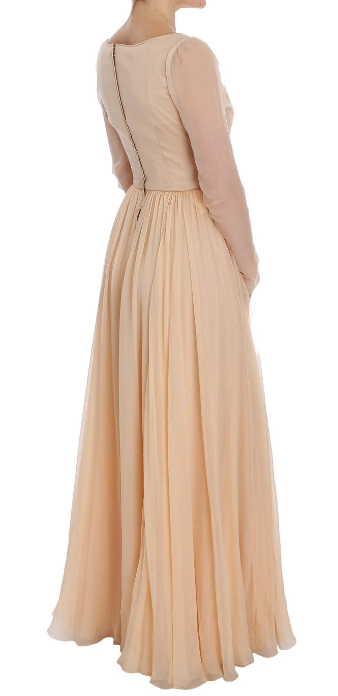 Élégant robe de gaine de gaine pleine longueur de soie beige beige