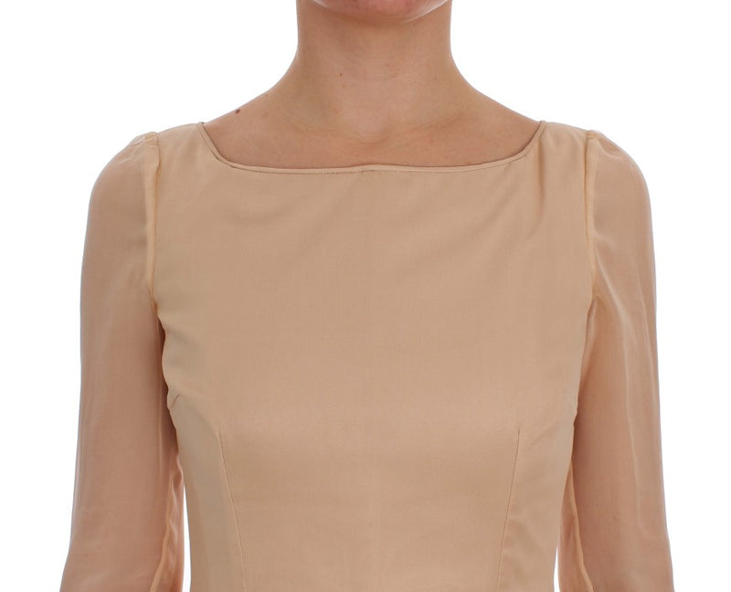 Élégant robe de gaine de gaine pleine longueur de soie beige beige