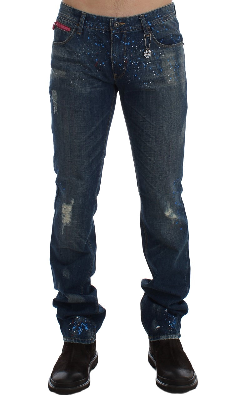 Jeans chic blu wash dipinti slim fit