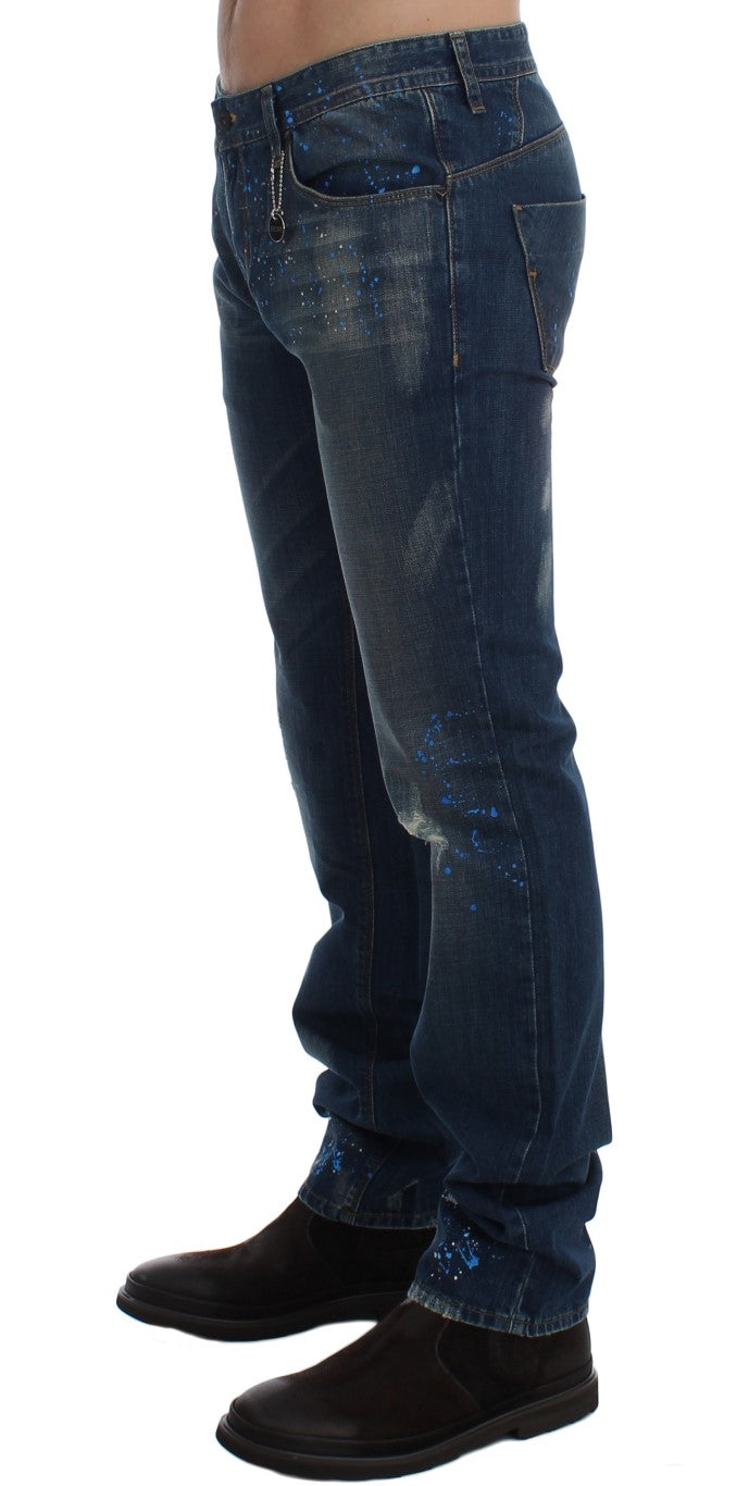 Jeans chic blu wash dipinti slim fit