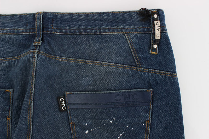 Jeans de ajuste delgados pintados con lavado azul elegante