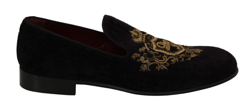 Elegante schwarze Slipper mit Goldkronstickerei