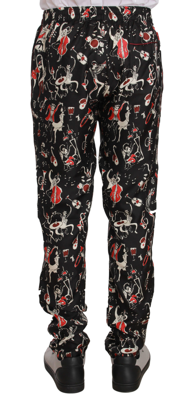 Élégant pantalon de salon de soie noire avec imprimé rouge