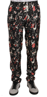 Elegantes pantalones de salón de seda negro con estampado rojo