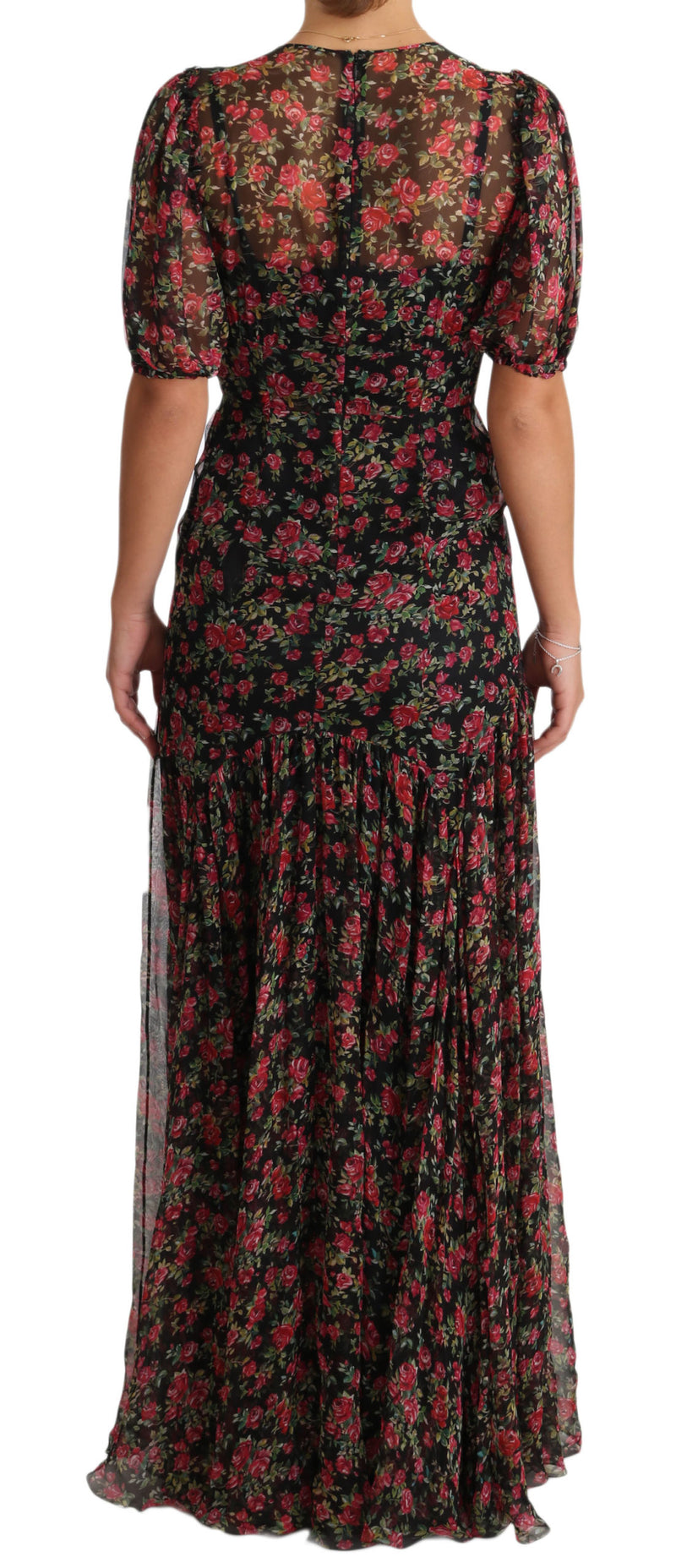 Elegante vestido de línea floral de seda negra