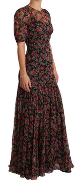 Elegante vestido de línea floral de seda negra