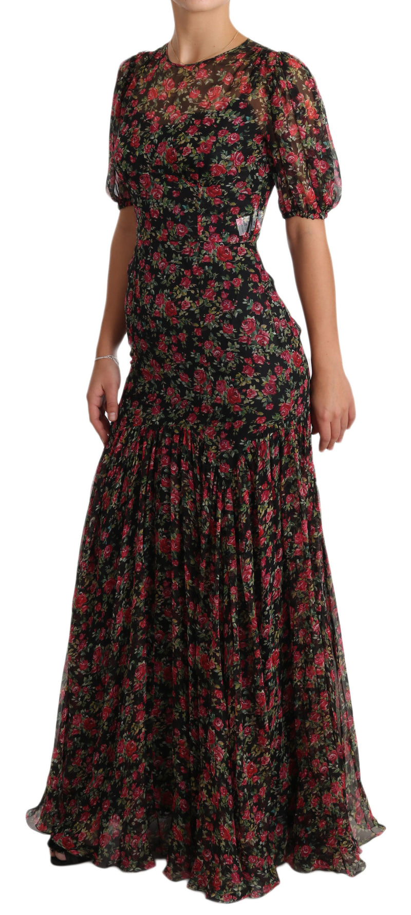 Elegant Black Silk Floral A-Line Gown