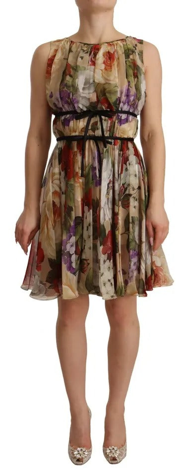 Beige Floral sin mangas redonda mini vestido