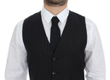 Chic Black Striped Wool Silk Dress Vest