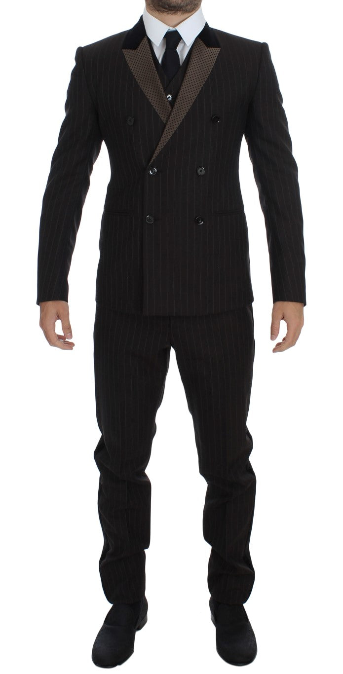 Brown Striped Wool Slim 3 Piece Suit Tuxedo