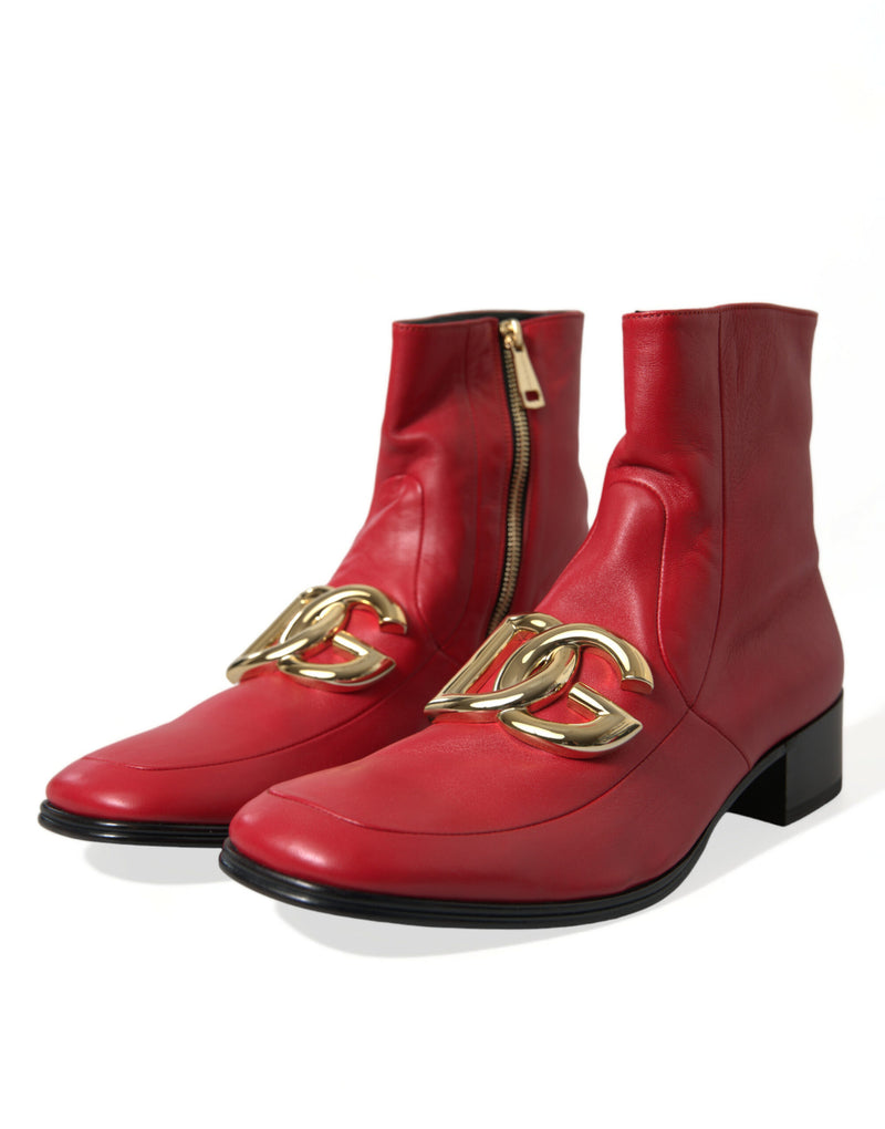 Red DG Buckle Leather Mid Calf Boots Shoes