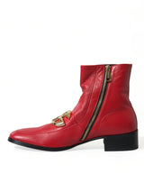 Red DG Buckle Leather Mid Calf Boots Shoes