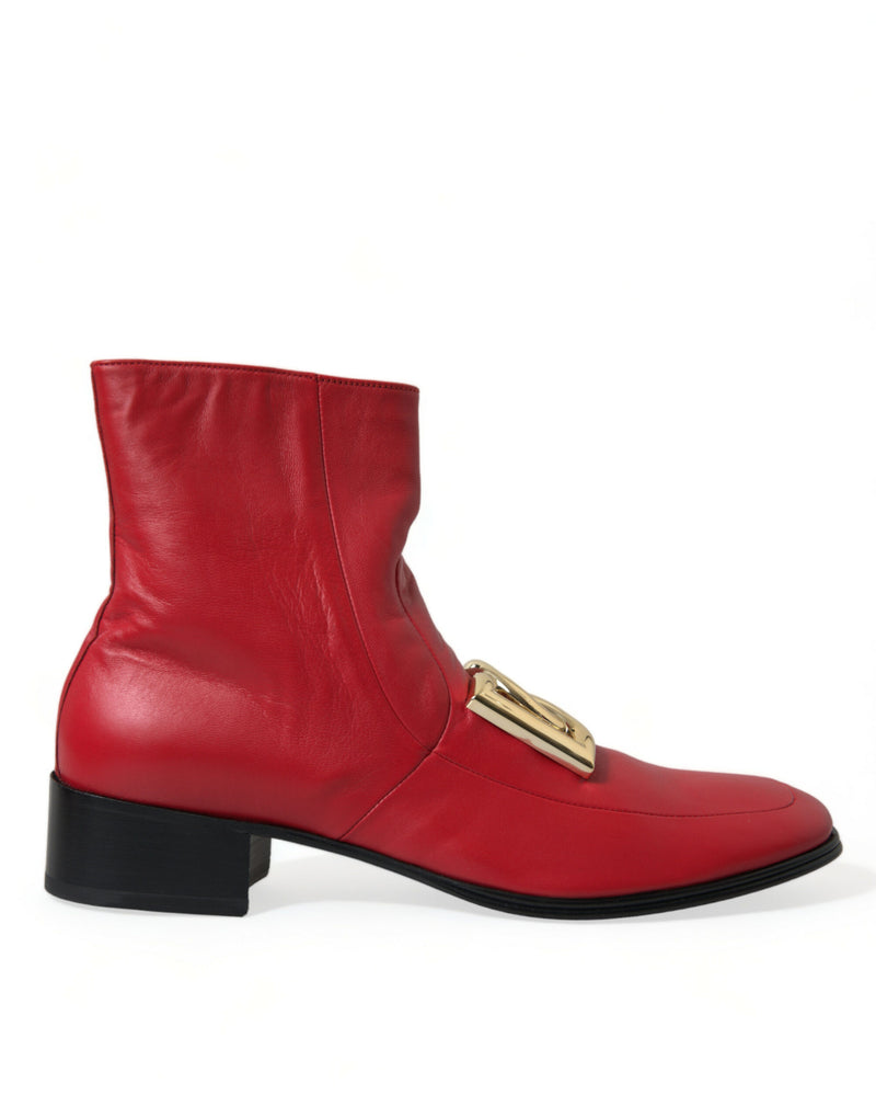 Red DG Buckle Leather Mid Calf Boots Shoes