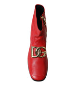 Red DG Buckle Leather Mid Calf Boots Shoes