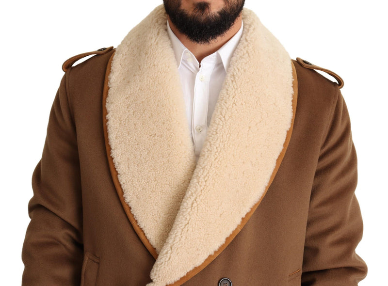 Brown Double Breasted Shearling Coat Jacket