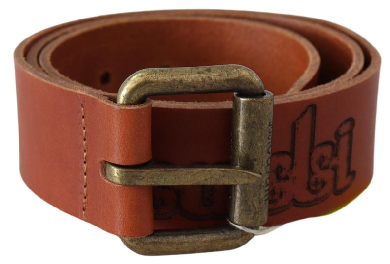 Brown Leather Logo Bronze Rustic Metal Buckle Belt