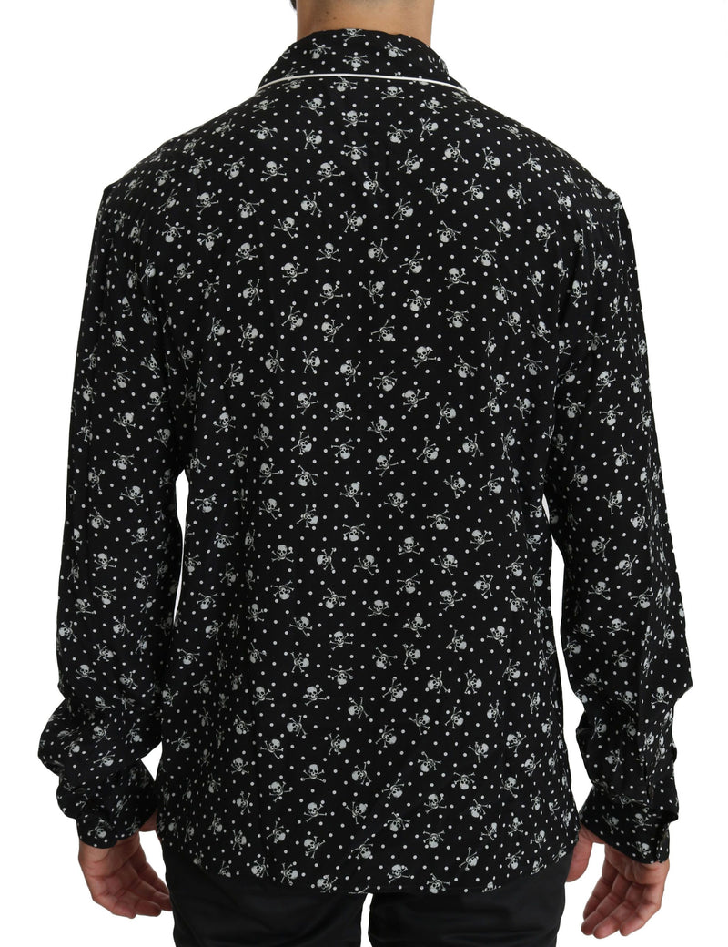 Black Skull Print Silk Sleepwear Shirt
