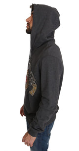 Gray Hooded Red Crystal Heart Gun Sweater