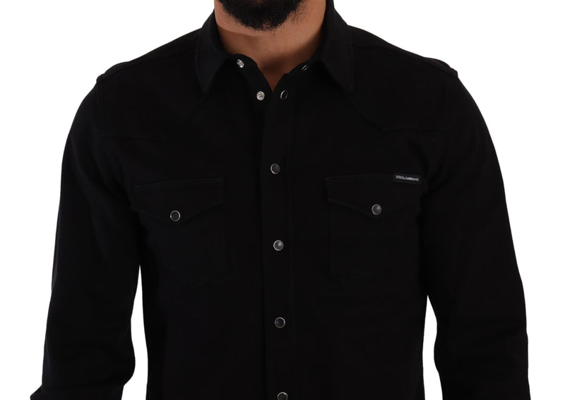 Black Slim Cotton Denim Stretch Shirt