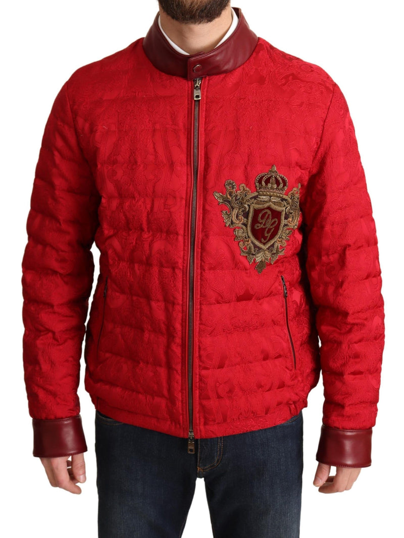 Red Brocade Bomber Gold Crown Logo Coat Jacket