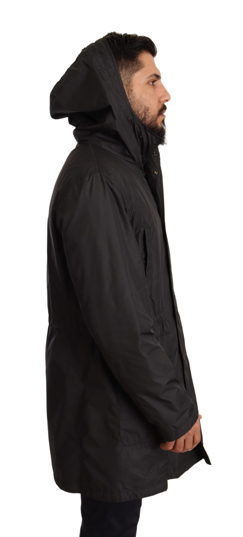 Black Hooded Mens Trench Coat Jacket