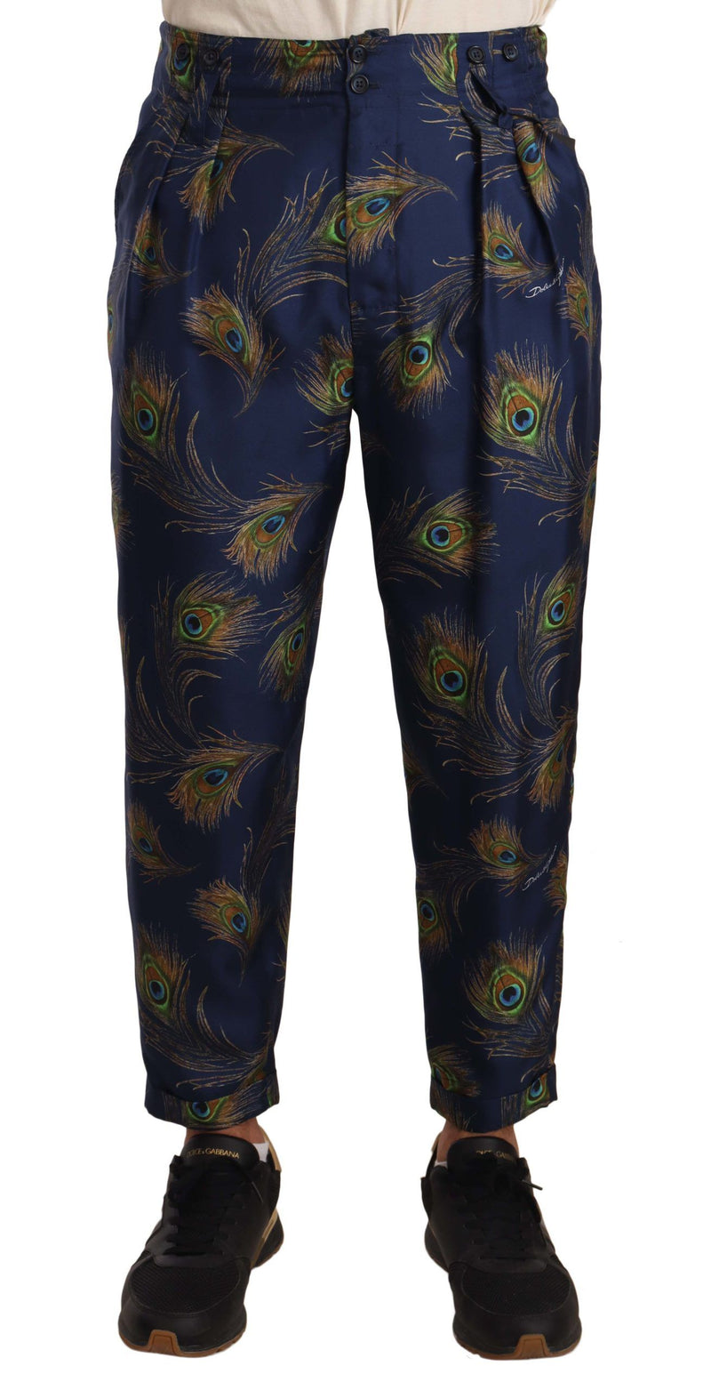 Blue Peacock Print Tapered Trousers Silk Pants