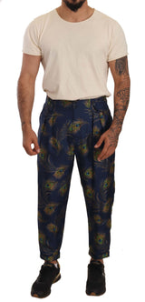 Blue Peacock Print Tapered Trousers Silk Pants