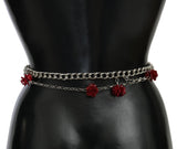 Red Leather Roses Floral Silver Waist Belt