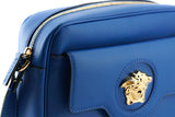 Elegante borsa per fotocamera in pelle a vitello blu