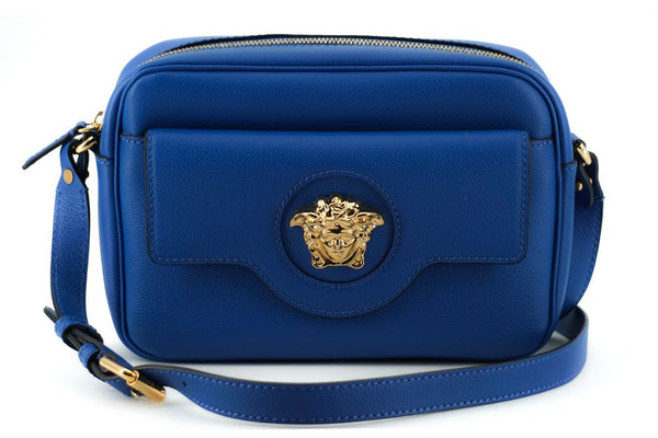 Elegante borsa per fotocamera in pelle a vitello blu