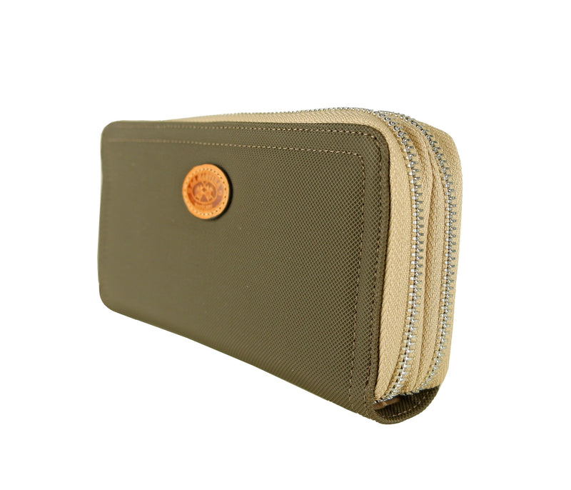 Chic Kaky Double Zip Wallet with Leather Accents