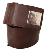 Brown Genuine Leather Wide Logo Buckle Waist Belt
