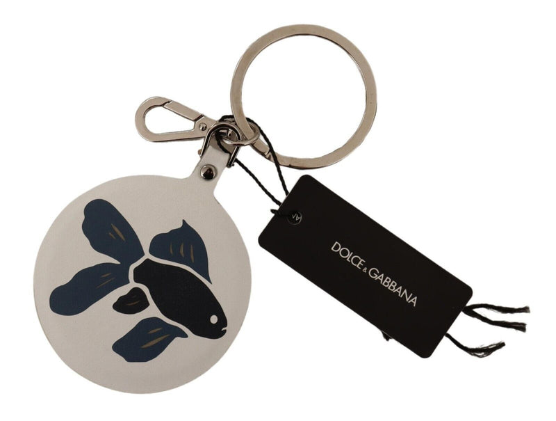 White Leather Fish Metal Silver Tone Keyring Keychain