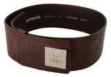 Brown Genuine Leather Wide Logo Buckle Waist Belt