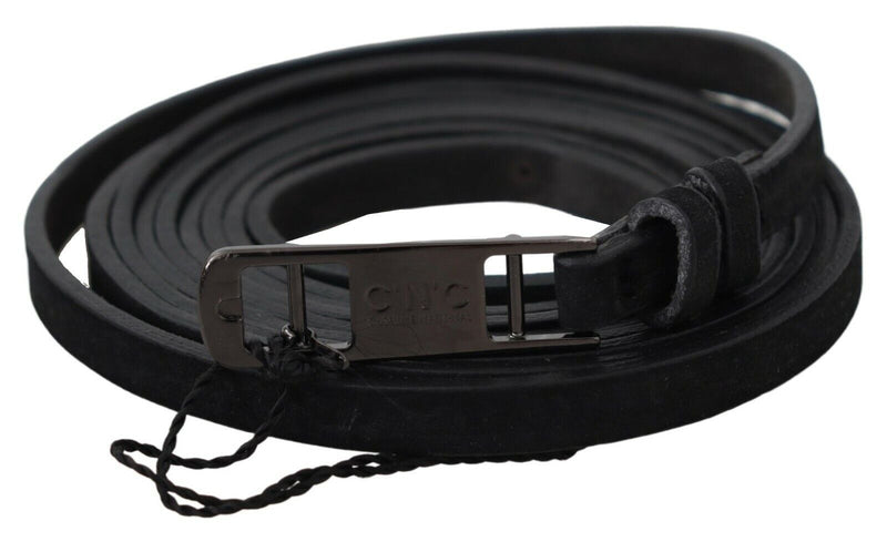 Black Leather Skinny Logo Buckle Belt