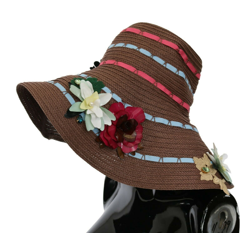 Brown Knitted Straw Floral Hat